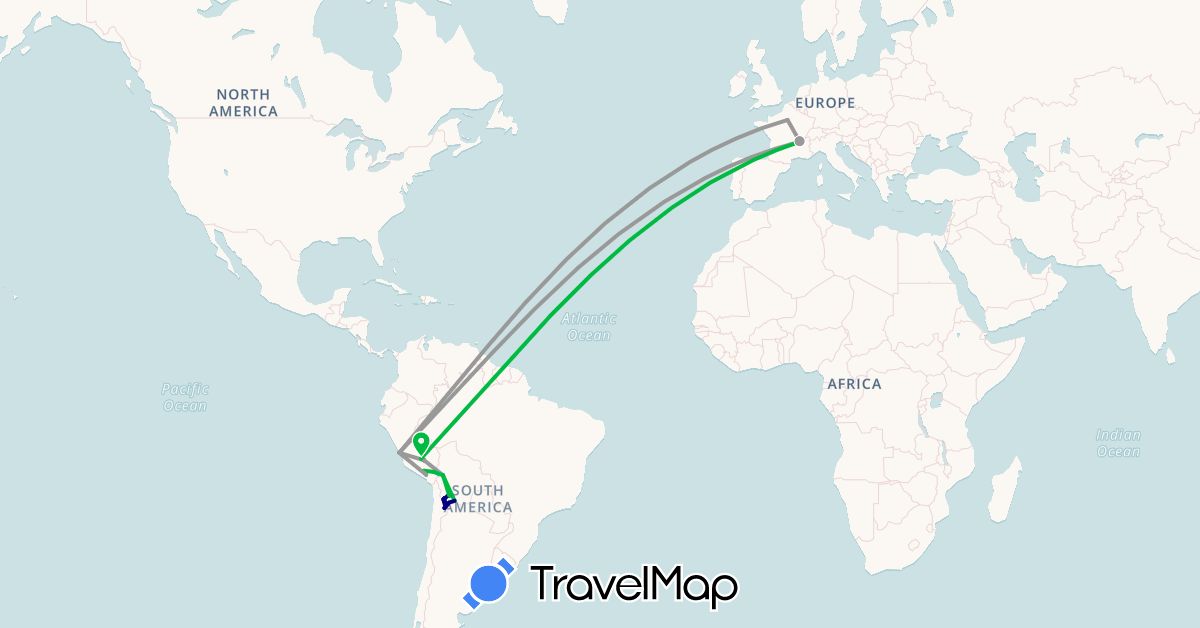 TravelMap itinerary: driving, bus, plane, hiking, boat in Bolivia, France, Peru (Europe, South America)